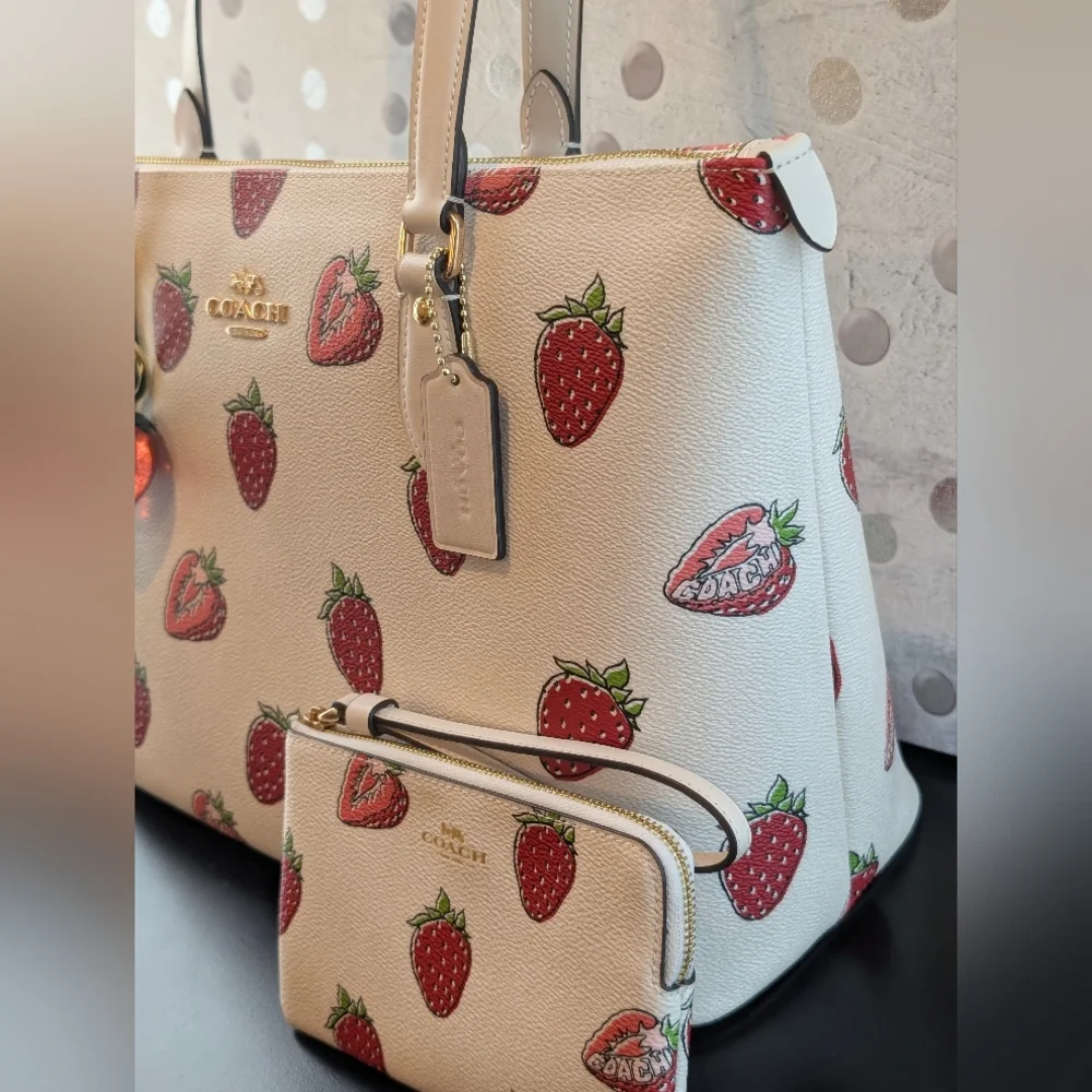 3pc Coach Beige Coated Canvas Strawberry Tote & Matching Wristlet/ Charm🍓 - Picture 8 of 16